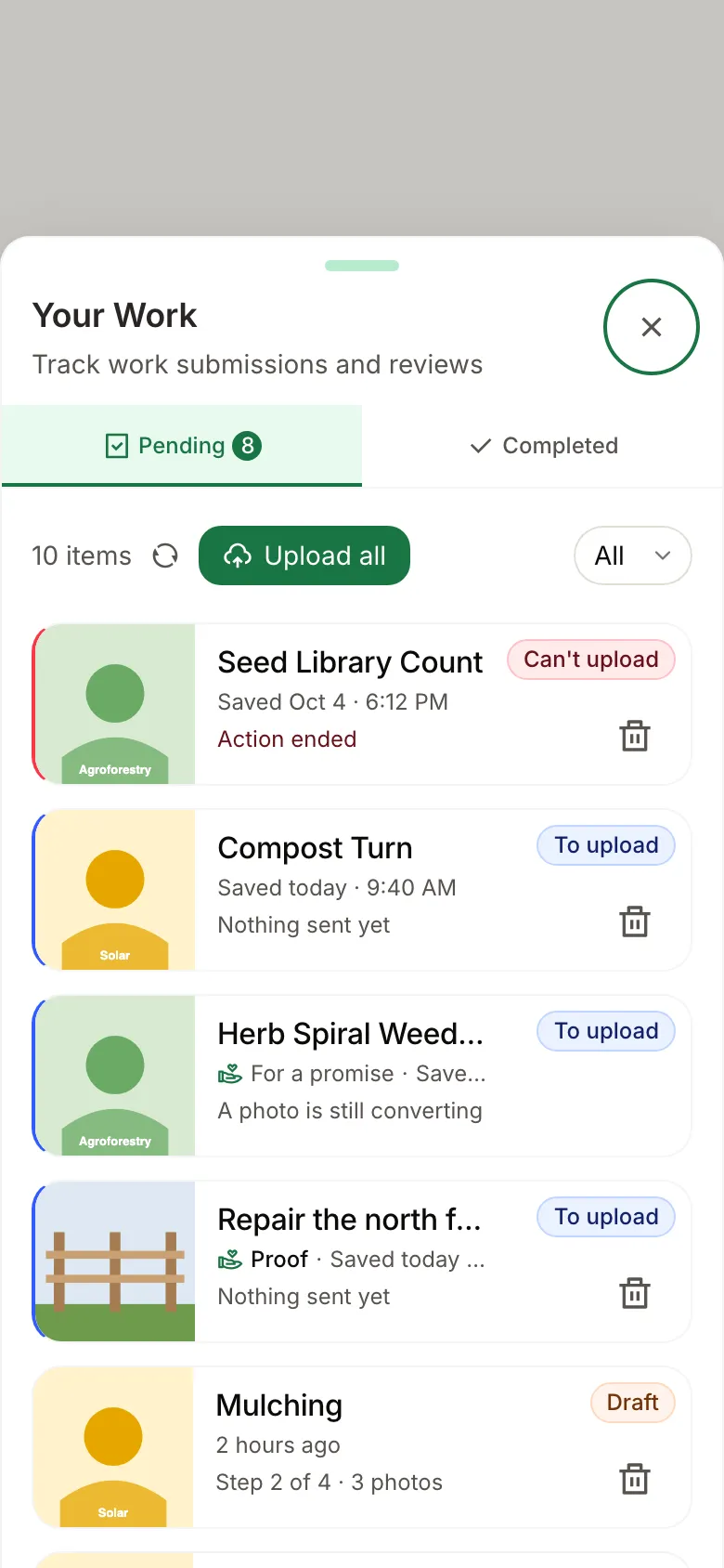The PWA's Your Work sheet on the Pending tab: an Upload all button and queued items, one marked Can't upload because its action ended and one marked To upload