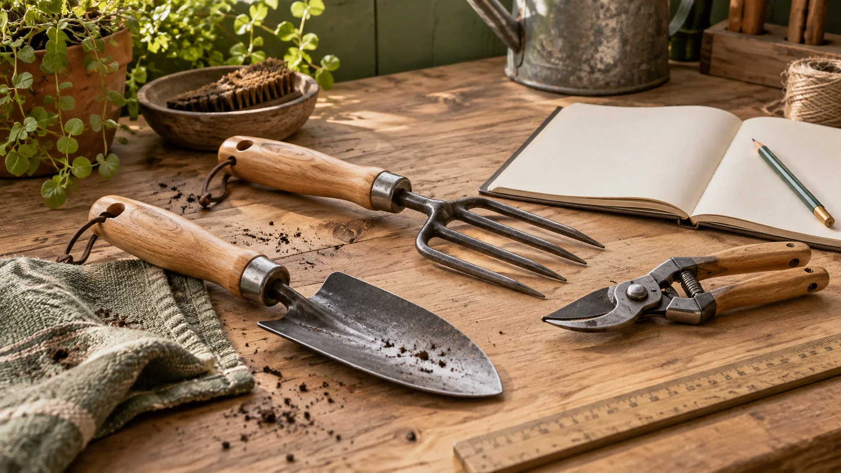 Repaired garden tools beside a measuring rule and an inspection notebook.