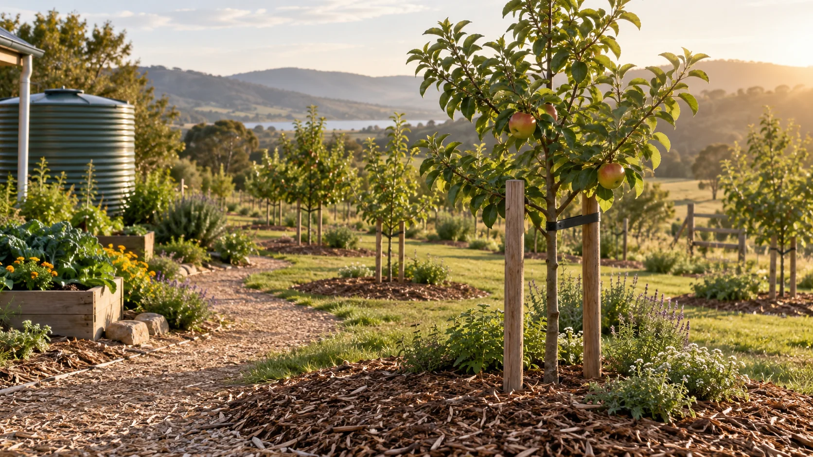 A young orchard with mulched trees, water storage and maintained paths.