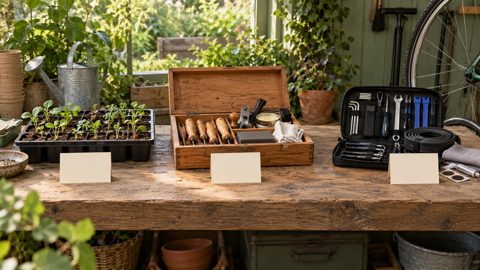 Separate planting, tool-repair and bicycle-repair kits prepared as practical tasks.