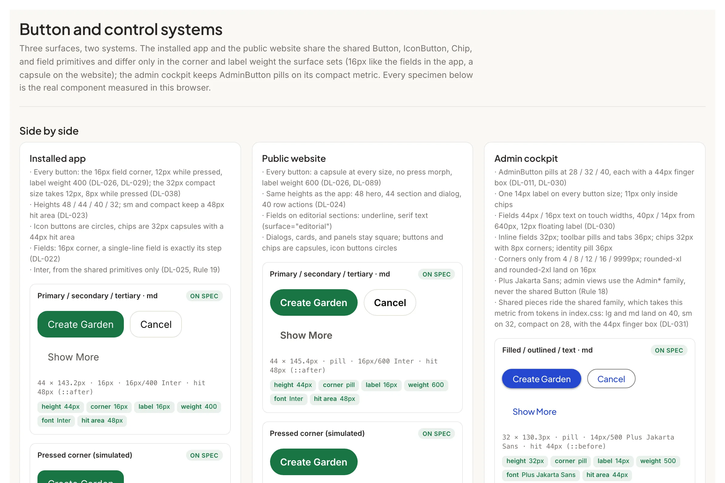 Three surface systems side by side in Storybook: the installed app, the public website, and the admin cockpit, each with its button specimens and the metrics measured in the browser