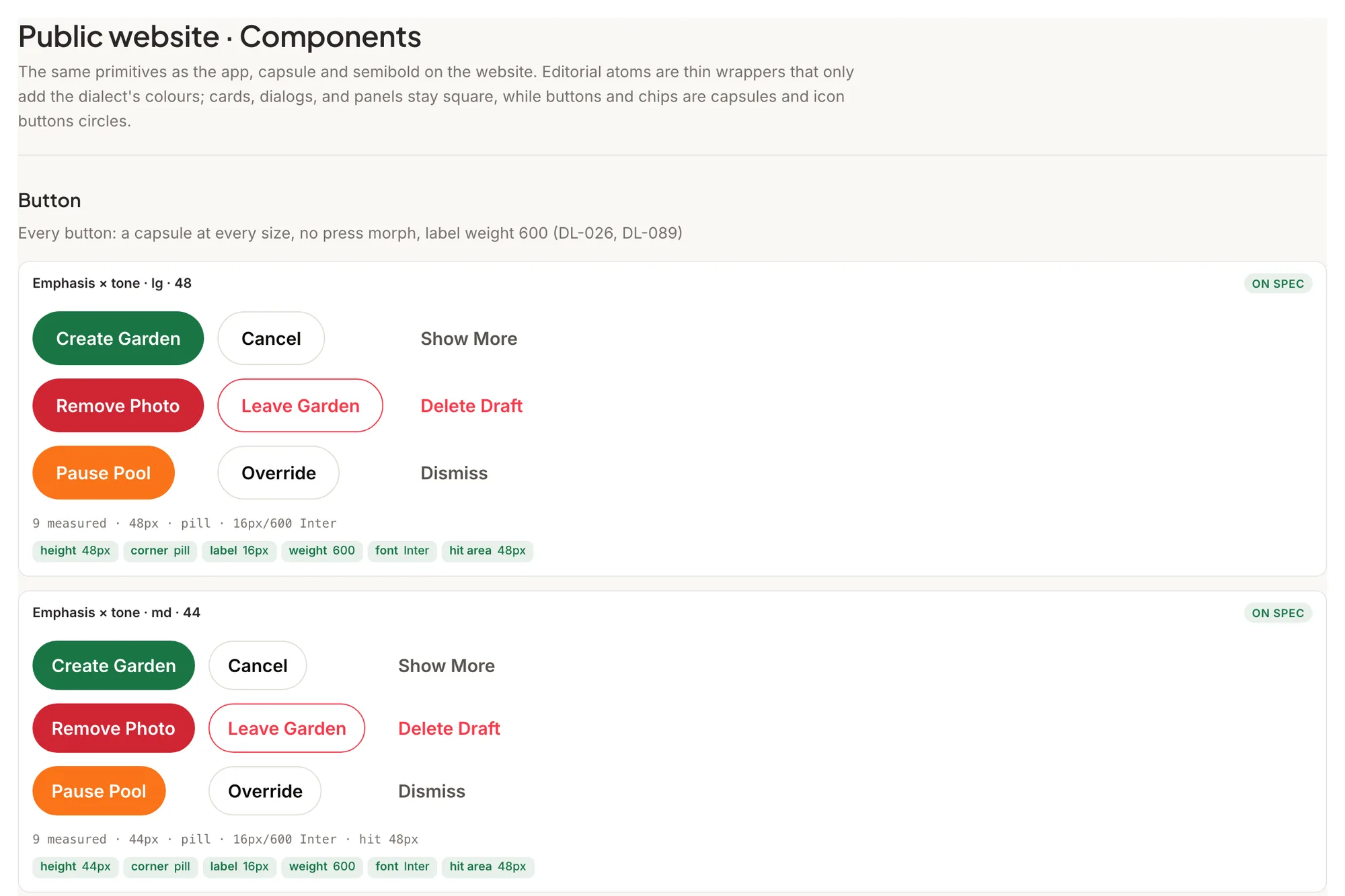 Website components story: the shared button at every emphasis and tone, capsule and semibold, at the 48 and 44 pixel sizes
