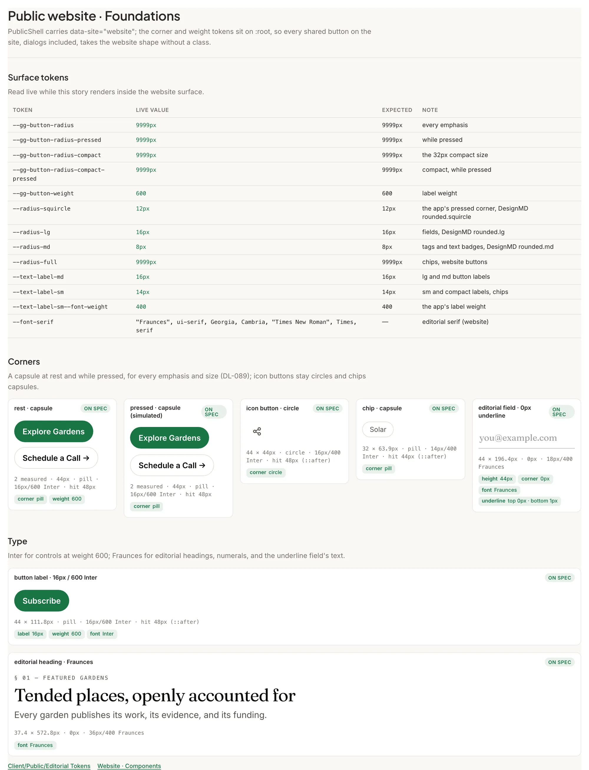 Website foundations story: the live corner, weight, and font tokens the public site sets, with capsule button specimens and an editorial underline field marked on spec