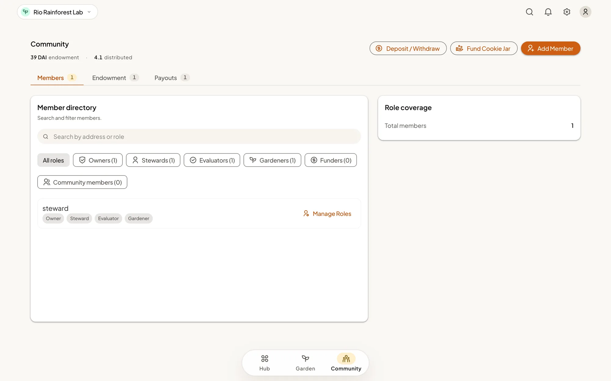 The Community workspace on the Members tab: the buttons Deposit / Withdraw, Fund Cookie Jar, and Add Member at the top right, a member directory with a search box and filters for Owners, Stewards, Evaluators, Gardeners, Funders, and Community members, and one member row with a Manage Roles button