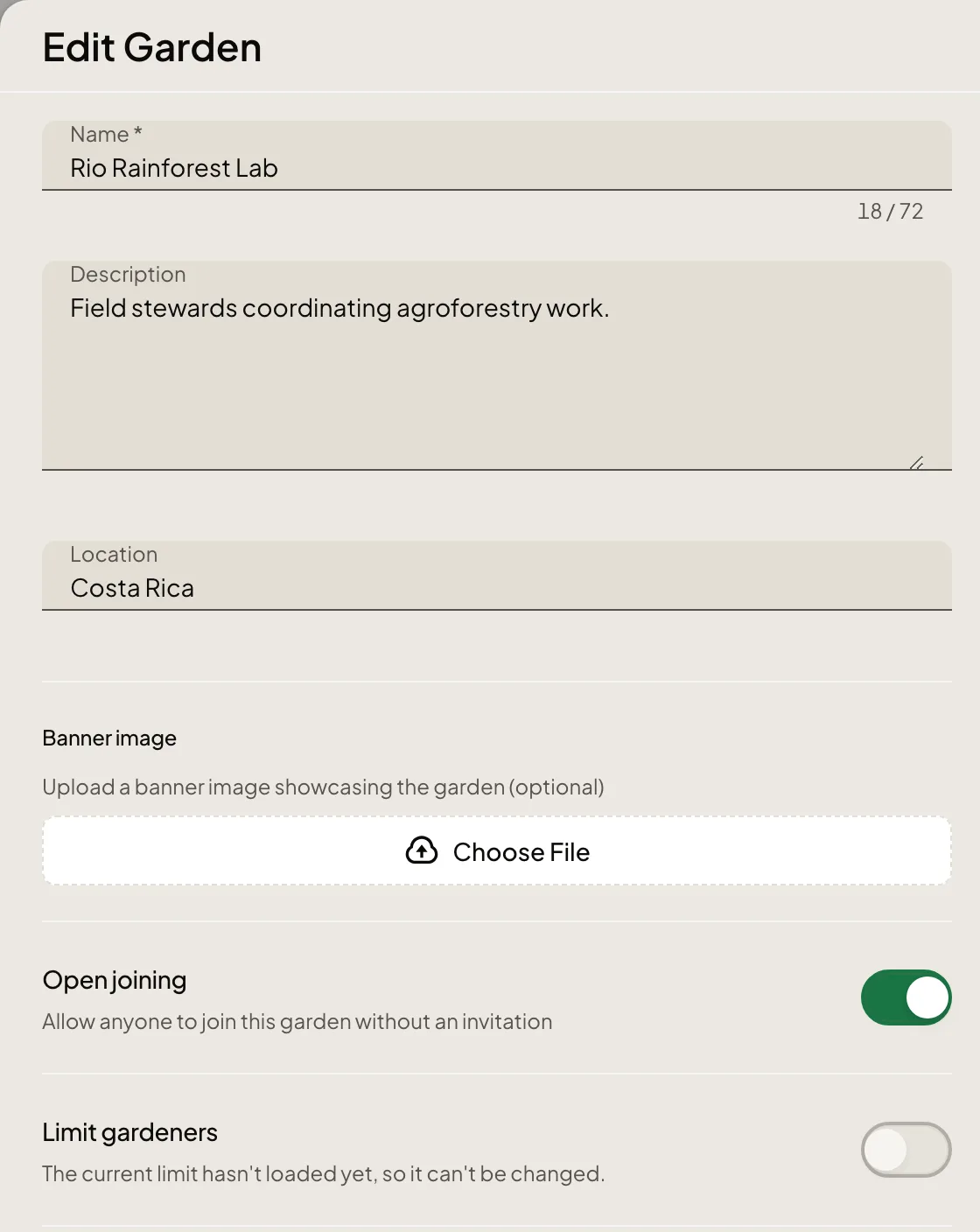 Part of the Edit Garden dialog: fields for the garden's name, description, and location, a banner image upload, the Open joining switch turned on with the line Allow anyone to join this garden without an invitation, and the Limit gardeners switch turned off