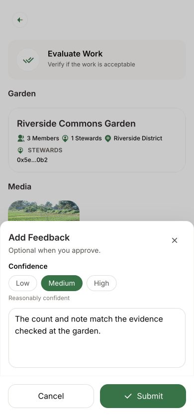 Add Feedback on the phone with Medium confidence selected, an example review note, Cancel and Submit.