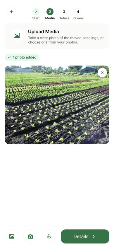 The Media step: the heading Upload Media, a line saying what to photograph, the counter 1 photo added, one photo preview, and buttons to choose a photo, take a photo, or record a voice note beside the Details button