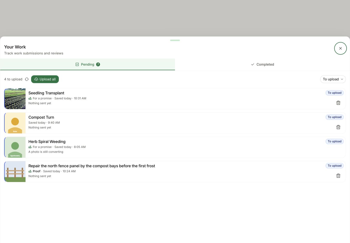 Your Work filtered to To upload, with four saved work and promise-proof items, including a photo still converting.