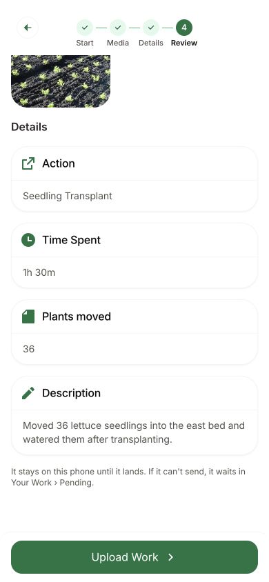 The scrolled Review step shows part of a seedling photo, Seedling Transplant, Time Spent of 1h 30m, Plants moved of 36, a field note and Upload Work.