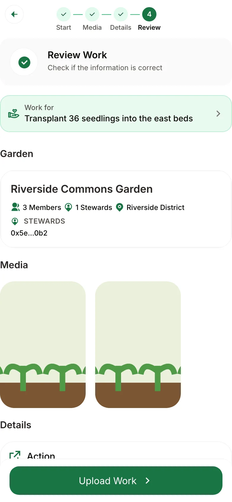 The PWA's review step summarizing the promise, garden, and media before the work is sent
