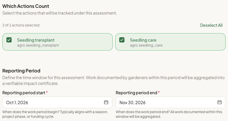 Seedling transplant and Seedling care are selected for the October through November 2026 reporting period.