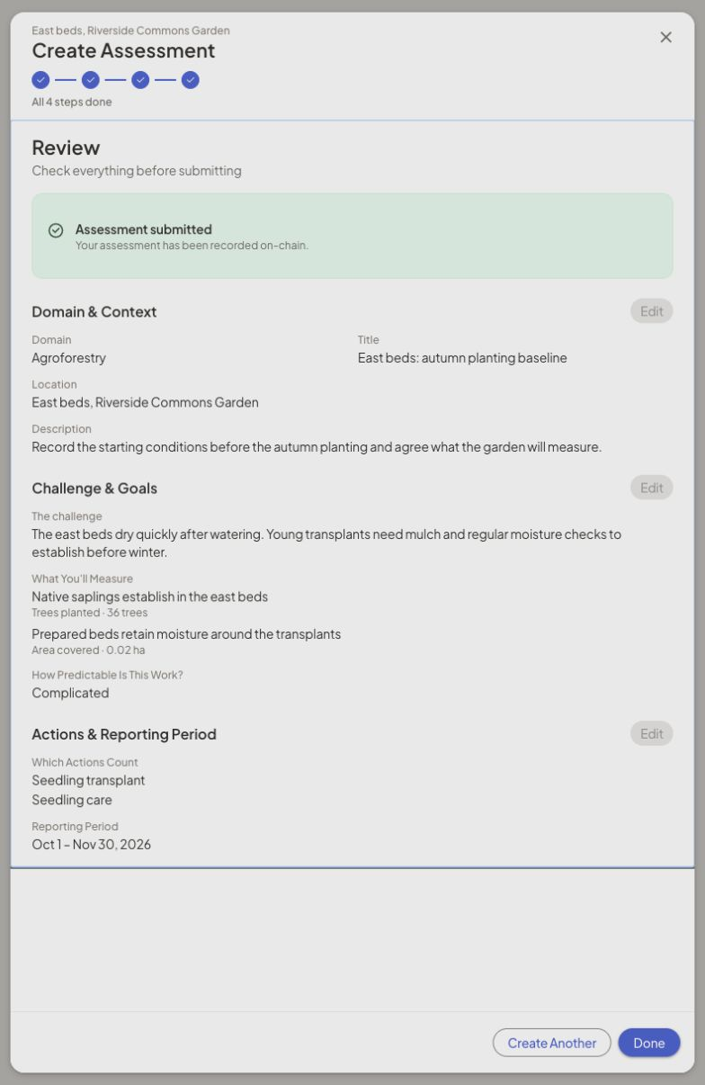 The completed review keeps the same assessment answers and offers Done.