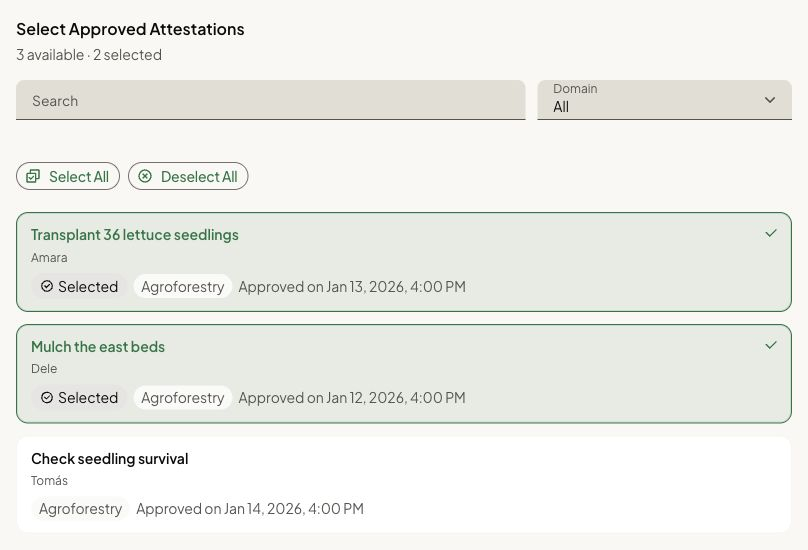 Approved work selection contains three seedling-related records with two selected.