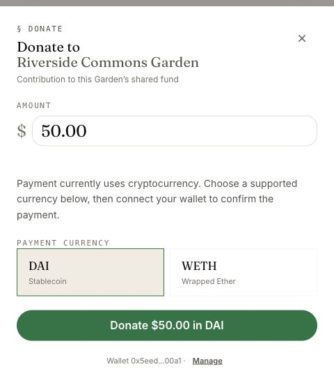 Donate to Riverside Commons Garden shows a 50 dollar amount, DAI and WETH choices, and Donate 50 dollars in DAI.