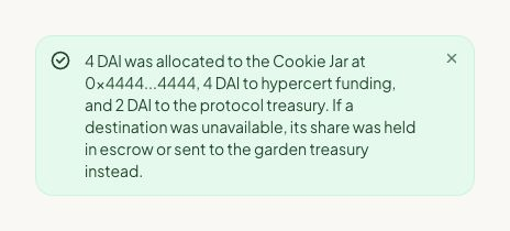 An example distribution result reports DAI allocated to the Cookie Jar, hypercert funding and protocol treasury.