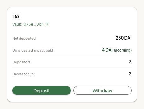 A DAI endowment card shows 250 DAI net deposited, 4 DAI accruing, three depositors and two harvests.