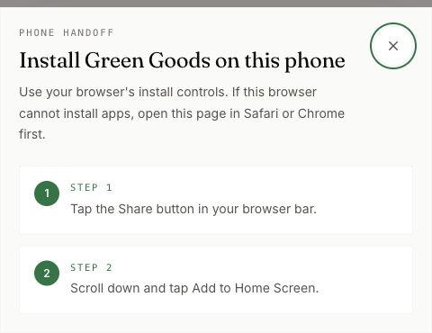 Green Goods explains Safari’s Share button and Add to Home Screen.