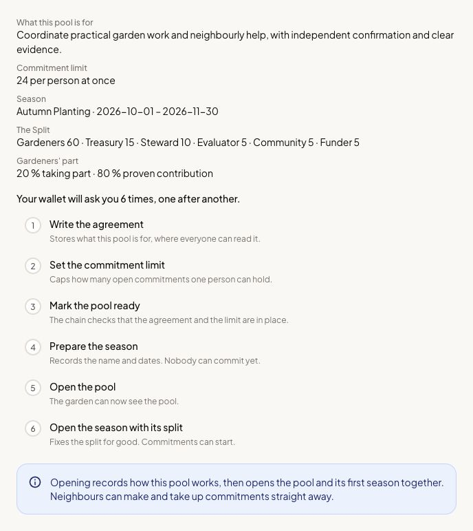 Pool setup review with recognition allocations and six ordered wallet prompts.