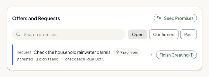 A rainwater-barrel promise group shows nine created, one not sent and Finish Creating (1).