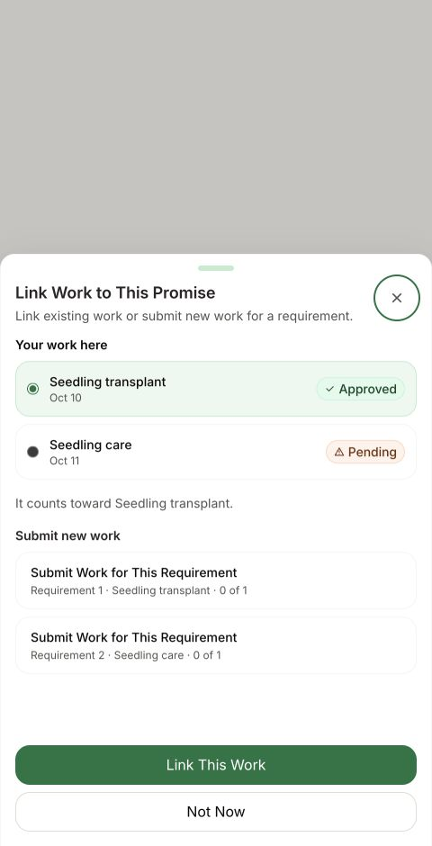 The work picker shows an approved seedling transplant and a pending care submission, plus their requirement rows.