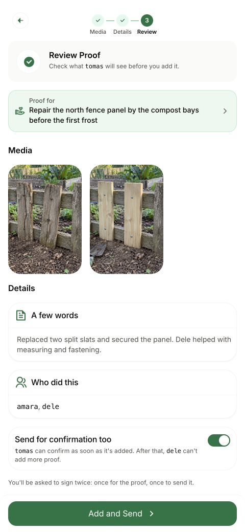 Fence repair proof with before and after photographs, explanation and the send-for-confirmation choice.