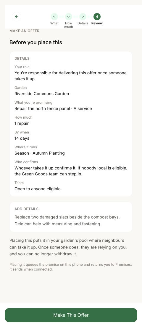 A fence-repair offer review showing the garden, quantity, deadline, confirmer and team.