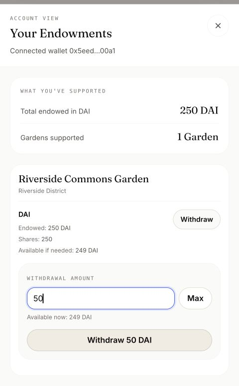 The same endowment position has a 50 DAI withdrawal amount and Withdraw 50 DAI control.