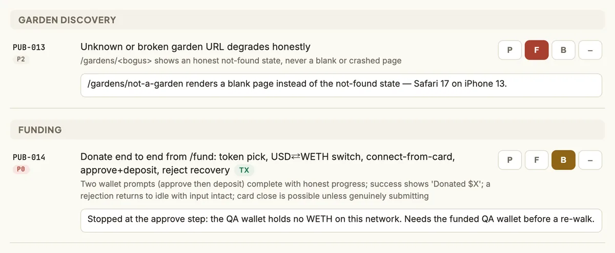 Synthetic QA app data filtered to Issues: PUB-013 recorded as Fail with a reproduction note, and PUB-014 recorded as Blocked with the reason it could not proceed