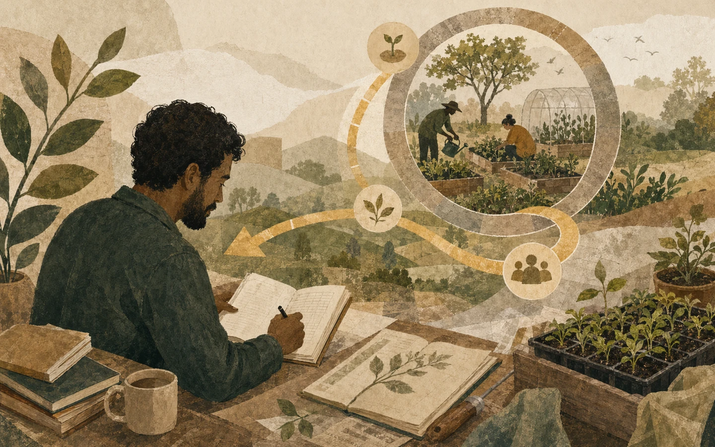 Illustrated operator preparing a new garden