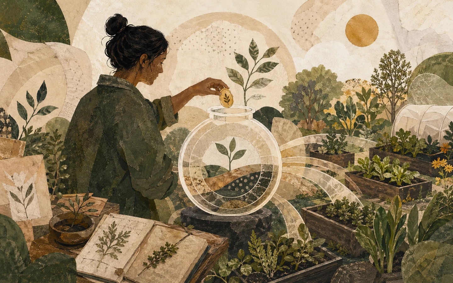Illustrated funder placing a gold token into a garden vault
