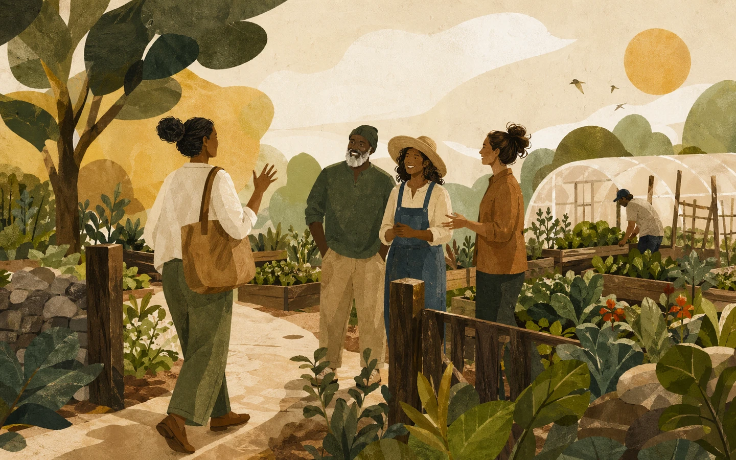 Illustrated gardeners joining a garden community