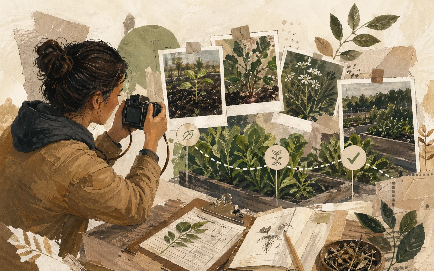 Illustrated gardener documenting completed work