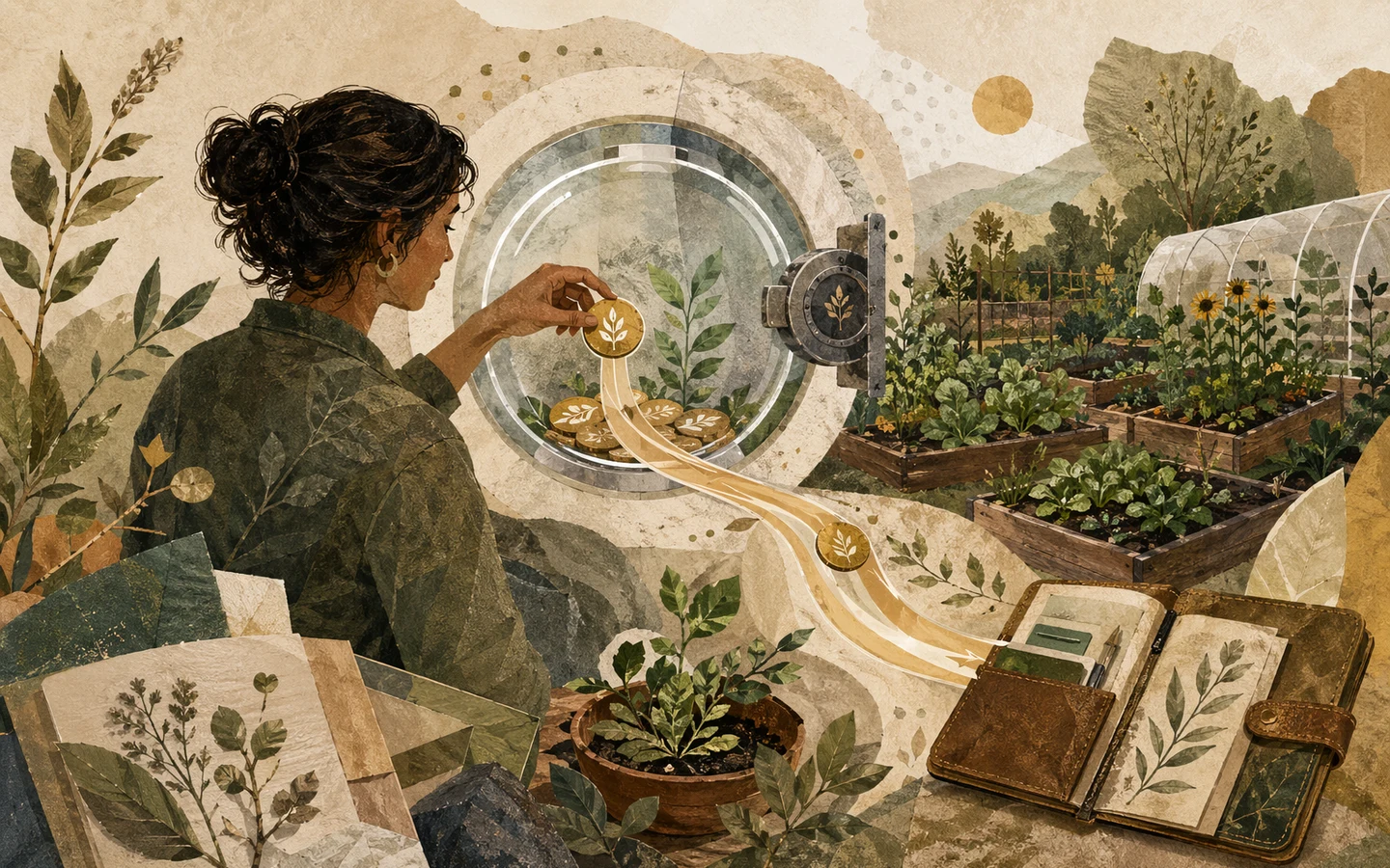 Illustrated funder drawing a gold token back out of a garden vault